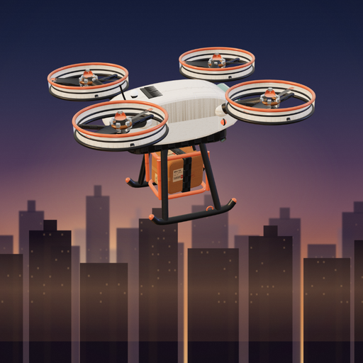 The Tumble Post courier drone, a white quadcopter carrying a parcel in an orange cage, flying over a dusk skyline.
